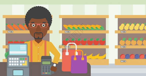 小超市素材在超市用智能手表支付的非裔男子矢量图插画
