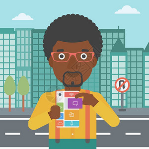 手机模块素材拥有模块手机的非裔男子插画