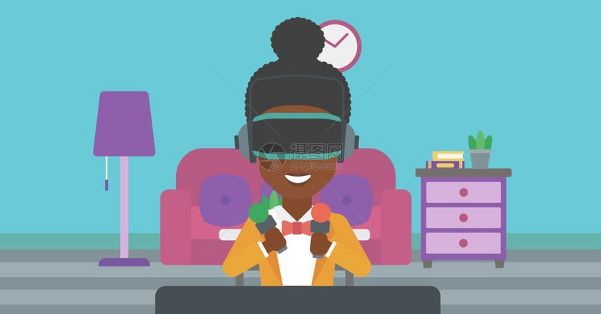 非洲身穿虚拟现实头盔手持运动控制器女人在公寓里玩电游戏矢量平面设计插图图片