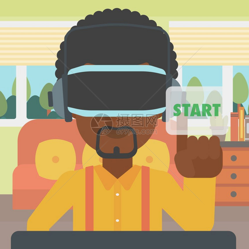 身着虚拟现实头盔并玩电子游戏身着虚拟现实头盔的人推动虚拟按钮启矢量平面设计插图图片