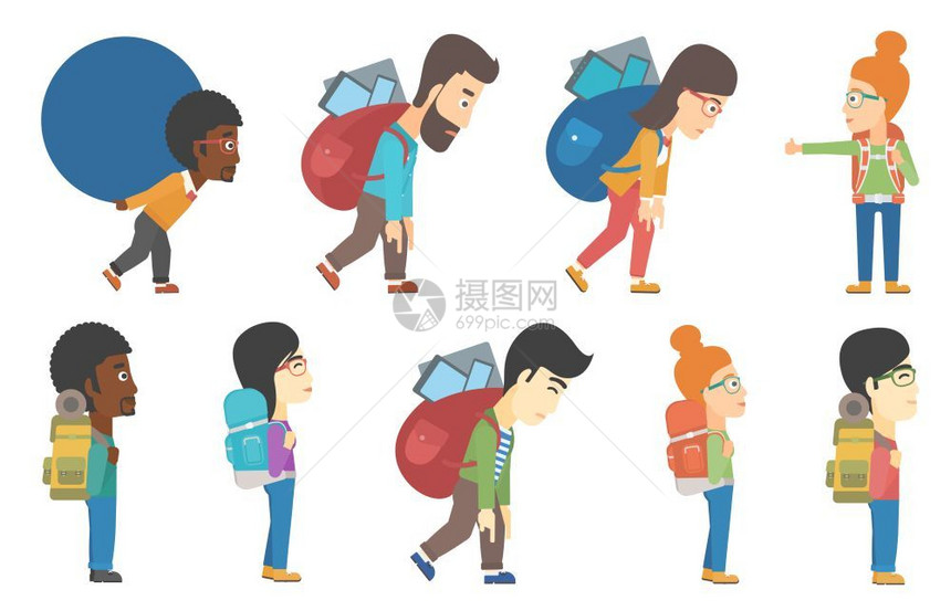 旅游者搭便车行带背包的游者矢量设计图图片