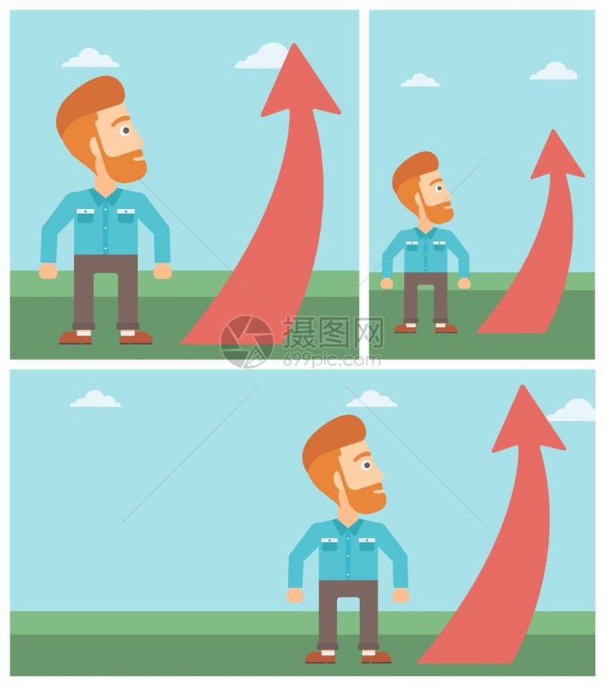 年轻商业男性看着红箭向上成功的商业概念矢量平面设计图图片