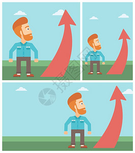 年轻商业男性看着红箭向上成功的商业概念矢量平面设计图图片
