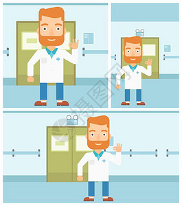 医生做拒绝手势动作图片在医院走廊上做OK手势的医生插画