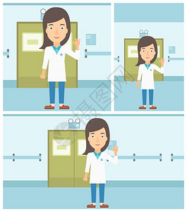 在医院走廊举起ok手势的医生矢量平板设计插图图片