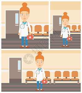 拿平板的医生穿制服拿急救包站在医院走廊的医生矢量平板设计图插画