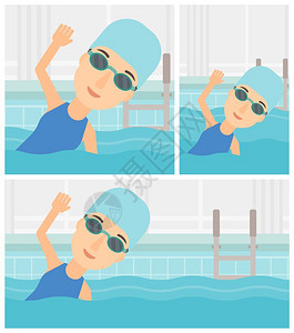 身戴帽子和眼镜的年轻女运动员在游泳池游泳图片
