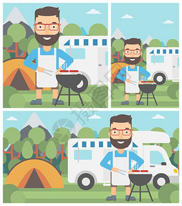 野营面包车前烤肉的男人图片
