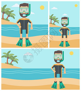 身戴潜水设备和潜水服的男子站在海滩图片