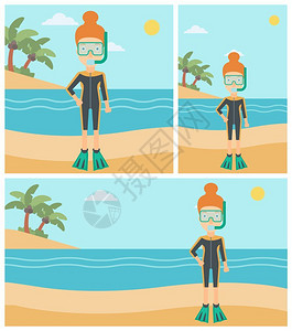 潜水员女在海滩上的女潜水员插画