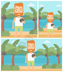 在海滩上喝椰子鸡尾酒享受假期的男子图片