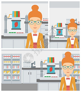 聚合使用3d打印的年轻女科学家插画