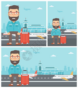 长着胡子带着行李箱的男人在机场等飞机背景图片