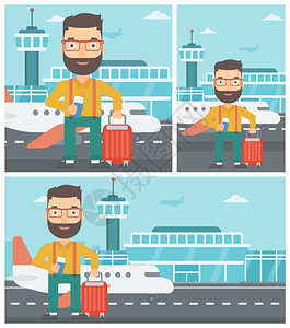 在机场持有护照携带手提箱的青年男子和机场图片