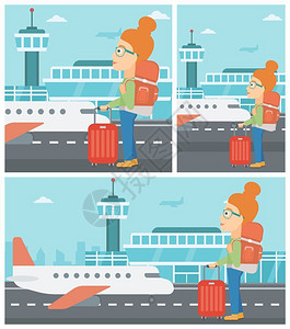 在机场看飞机的背着背包和手提箱的眼镜年轻女子图片