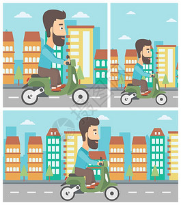 一个长着胡子的男子骑着摩托在城市骑行图片