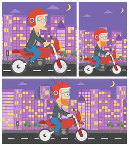 年轻人摩托车手戴头盔的年轻人骑着摩托车在夜间城市穿梭插画