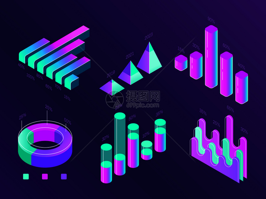 彩色紫和青百分比信息图表统计栏和网站数据3d统计数据图表矢量概念集图现代等量商业信息图百分比表统计栏和数据矢量集图片