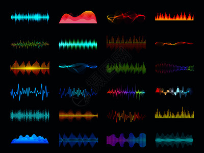 如歌声波状信号歌平衡器音响记录声可视化轨信号频谱和工作室旋拍矢量频率测概念暗底背景音波状信号浪歌平衡器音响记录声可视化轨信号和旋拍矢设计图片