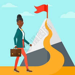 汉拿山奇怪非洲女人拿提箱站在通往山顶的公路上插画