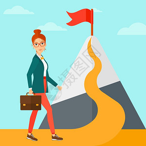 通往成功之门拿提箱站在通往山顶的公路上的女人插画