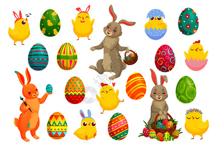 复活节篮子复活节兔子和彩蛋矢量元素插画