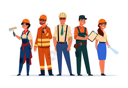 服装工人建筑工人和工程师卡通矢量人物插画