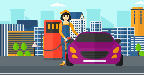 汽车消费女人在加油站给汽车加油插画