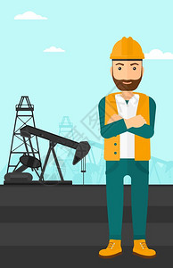 石油安全一名站在抽油机旁的中年石油工人插画