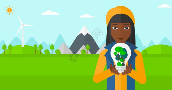 手握咖非绿色发电厂旁手握绿色概念灯泡的非裔女子插画