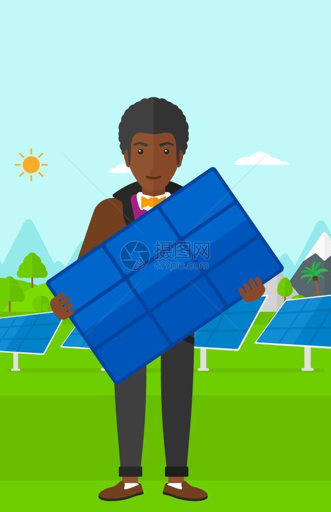 拿着太阳能电池板的非裔男子矢量图图片
