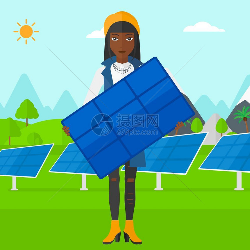 拿着太阳能电池板的非裔女子图片