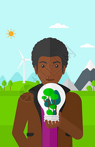 一名手握绿色概念灯泡的非裔女子矢量图图片