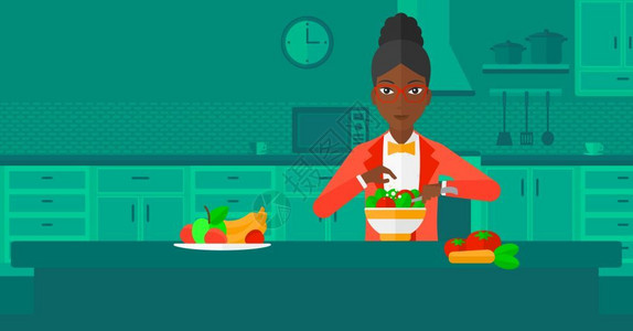 现做沙拉一位在厨房中做蔬菜沙拉的非裔女子插画
