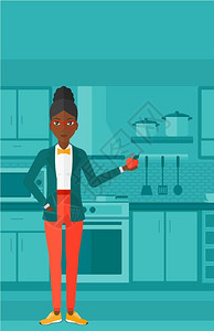 在厨房中手持苹果的非裔女子矢量插画图片