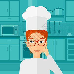 厨师长在厨房中身着制服女厨师插画