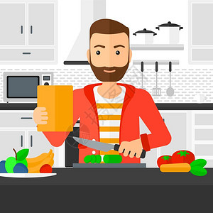 水果沙拉手写字在厨房中做菜的男子插画