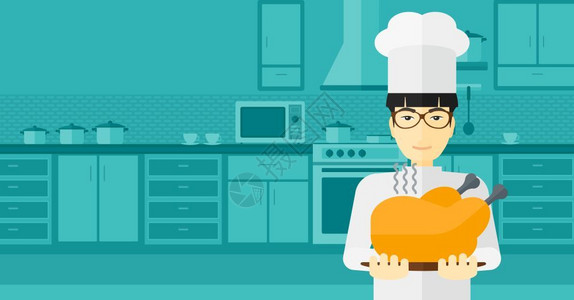厨房设计图厨房里有一位亚洲厨师拿着一个盘子上面贴着热鸡矢量平板设计图水布局男人拿着烤鸡插画