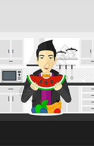 在厨房里吃西瓜的男子矢量插画图片