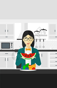 在厨房里吃西瓜的女子矢量图图片