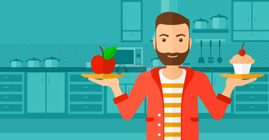 一个长着胡子的嬉皮士站在厨房里手拿着苹果和蛋糕象征着健康与不食物矢量平面设计图水布局男人有苹果和蛋糕图片