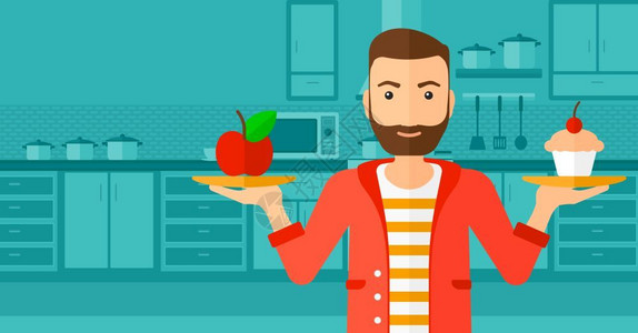 不沾厨房一个长着胡子的嬉皮士站在厨房里手拿着苹果和蛋糕象征着健康与不食物矢量平面设计图水布局男人有苹果和蛋糕插画