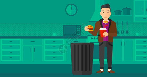 食品浪费一个男人站在厨房里把垃圾食品放进垃圾桶插画