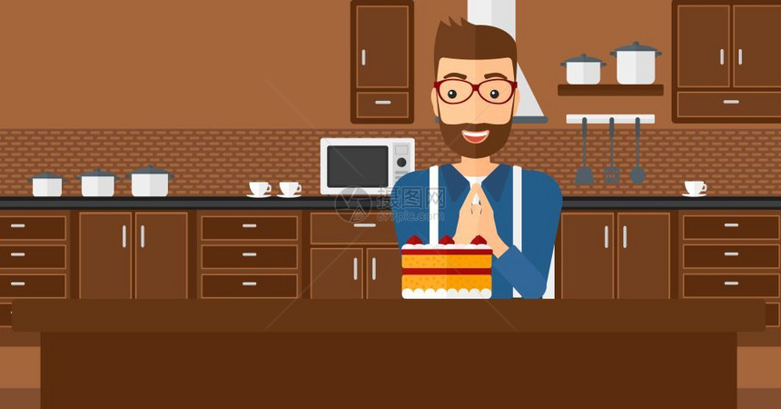 一个快乐的时髦男人长着胡子站在厨房里满怀激情地看着一个大蛋糕图片