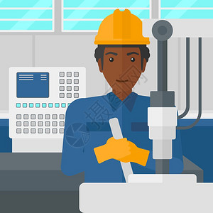 美国工厂在工厂车间操作设备的非裔工人插画