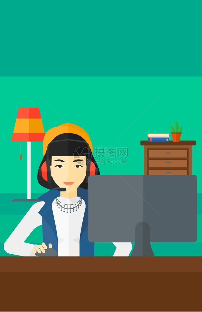 戴耳机坐在电脑前打游戏的女孩图片