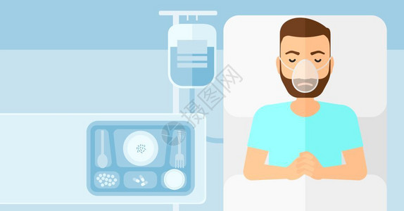 病女素材背景躺在医院床上带着氧气面罩的病人插画