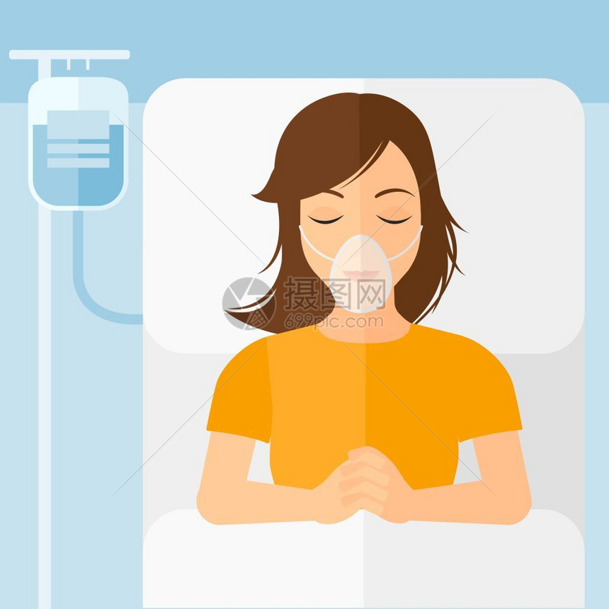 躺在医院床上带着氧气面罩的女病人图片