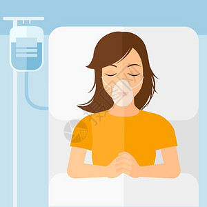 呼吸病躺在医院床上带着氧气面罩的女病人插画