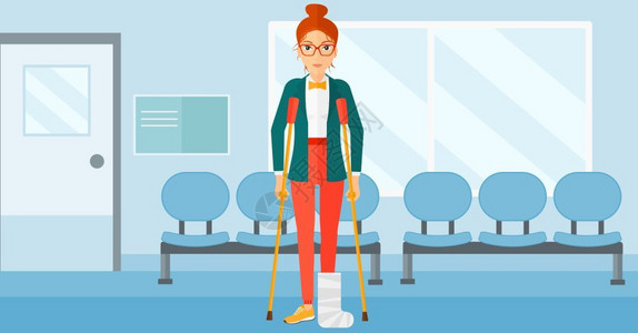 康复大厅一名腿部受伤的妇女拿着拐杖站在医院走廊矢量卡通插画插画